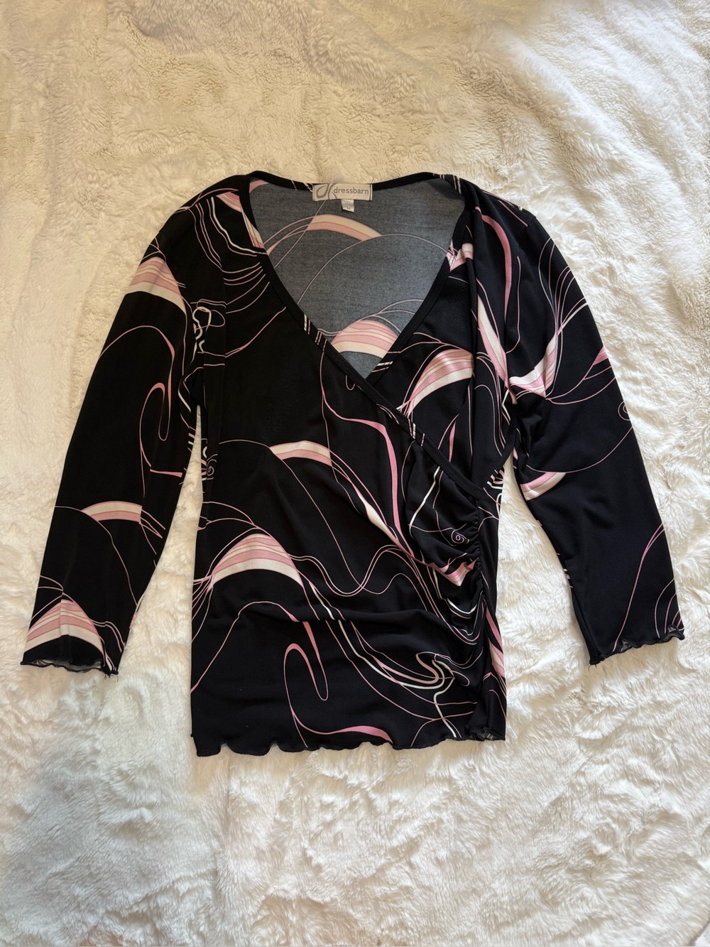 Dressbarn Black & Pink Wrap-Style 3/4 Sleeve Top